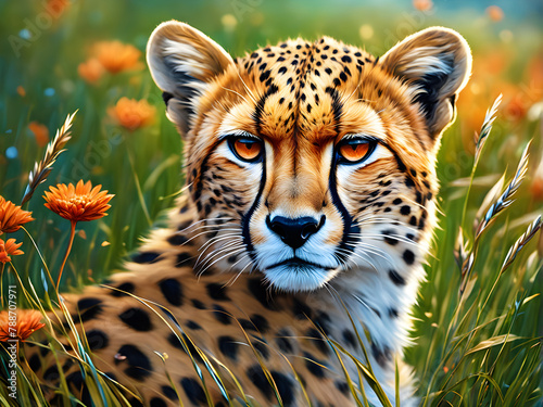 cheetah lies in the grass close up