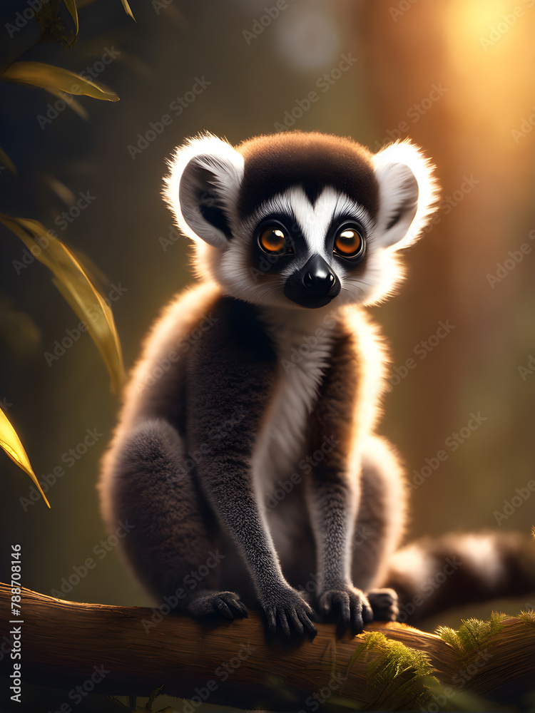 Fototapeta premium Little cute lemur on a tree in the sunset light