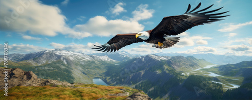 Majestic eagle bird soaring over mountains. photo