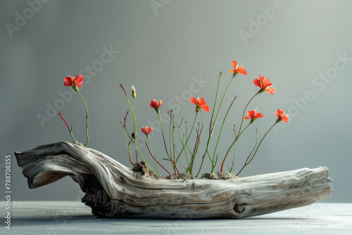 Driftwood old tree with  small wildflowers and green leaves, studio shot. Springtime concept. © Chili