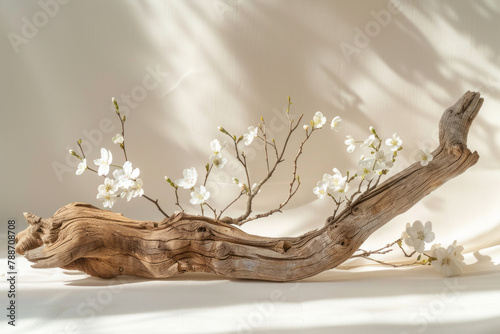 Wooden branch with white flowers on a white background. Copy space. © Chili