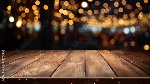 Empty wood table for product display in blur background of admirable restaurant at night photo