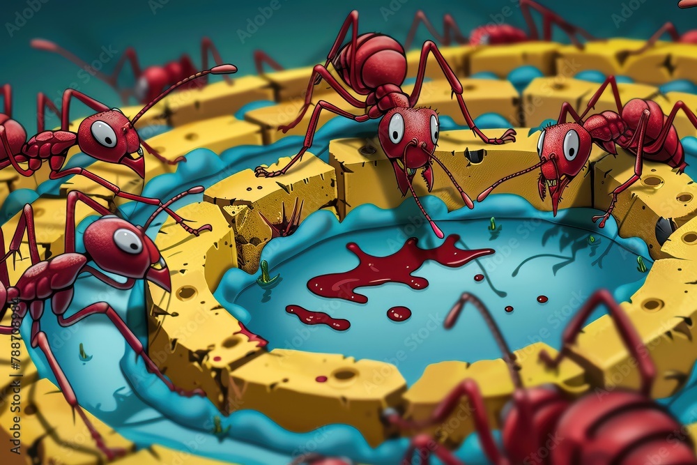 A colony of ants builds a miniature obstacle course, challenging their fellow ants to navigate the twists and turns, each ant equipped with a tiny helmet A colony of ants builds a miniature obstacle course, challenging their fellow ants to navigate the twists and turns, each ant equipped with a tiny helmet