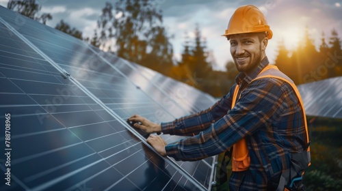 Male engineer worker examining or installing solar panels system outdoors
