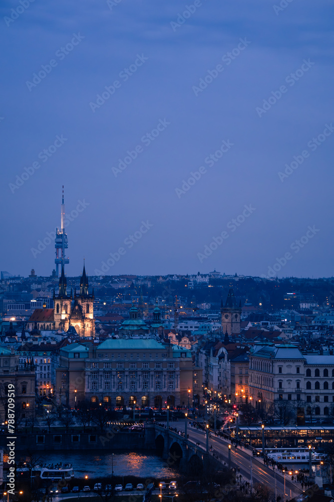 Prague Portrait from Prague Castle containing with Prague Astronomical Clock, Church of Our Lady before Tyn and Manes Bridge at Blue Hour