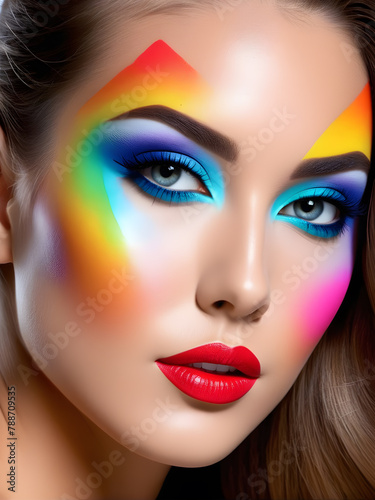 portrait of a girl with colorful rainbow paints makeup (ID: 788709535)