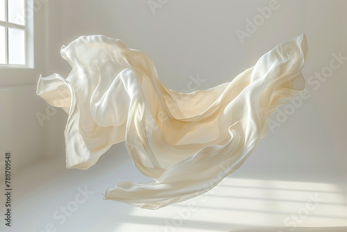 White piece of fabric flying in a white studio with textured light from window © Chili