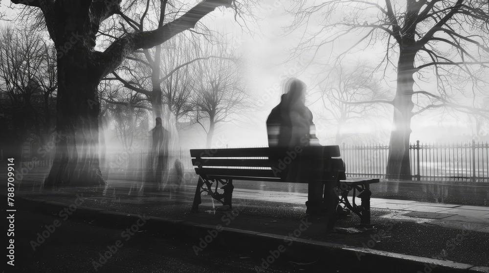 A lone person seated on a park bench surrounded by translucent ghostly images of their former selves