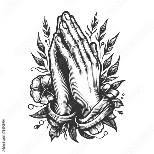 praying hands surrounded by ornate floral patterns, symbolizing faith and spirituality sketch engraving generative ai vector illustration. Scratch board imitation. Black and white image.