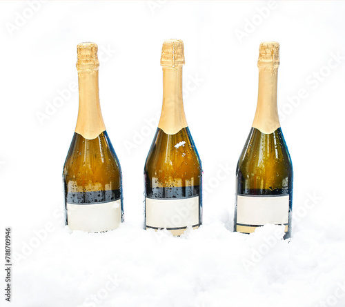 Three bottles of champagne in the snow photo