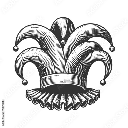 jester hat with ornamental bells, perfect for historical and costume themes sketch engraving generative ai vector illustration. Scratch board imitation. Black and white image.
