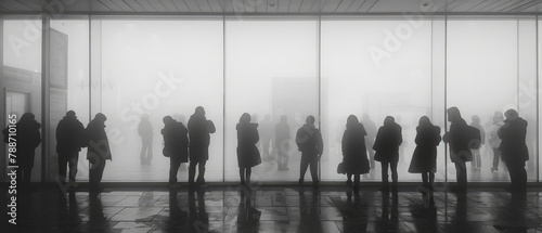 silhouettes and shadows of people waiting in queue that disappears into grey fog and black and white picture