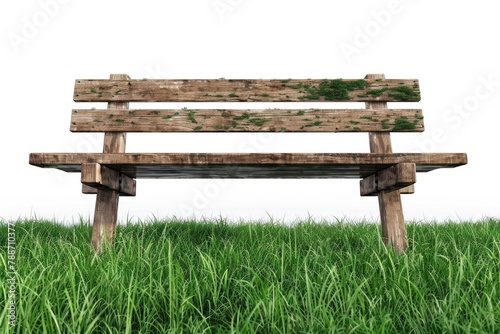 Isolated wood bench on green grass. photo