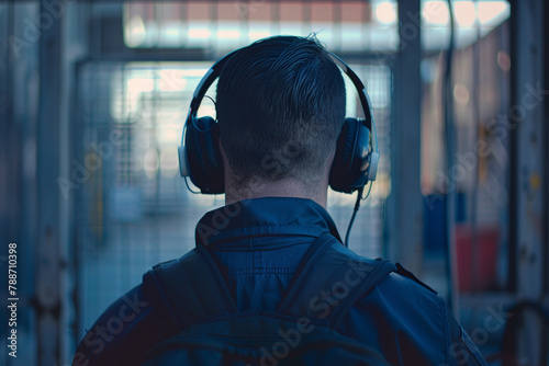 Rear view of a security guard listening to his headset 