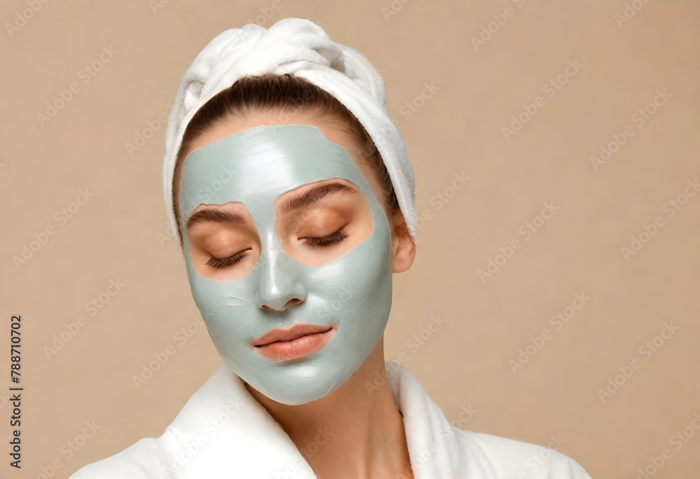 a woman with a white towel on her head and clay mask a woman with a white towel on her head and clay mask