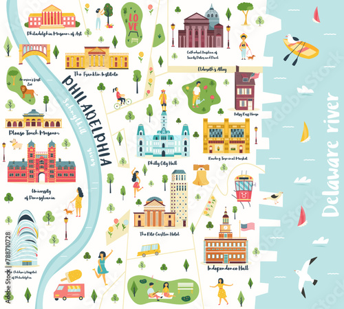 Vector illustrated map of Philadelphia city, USA with landmarks, famous destinations, elements.