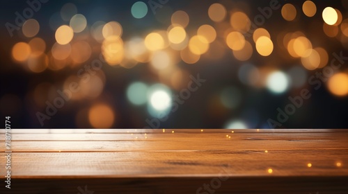 Intimate restaurant vibe featuring warm wooden tabletop against a backdrop of golden ambient bokeh lights