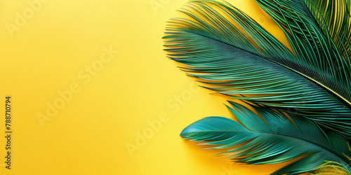 green feathers on the yellow nbackground photo