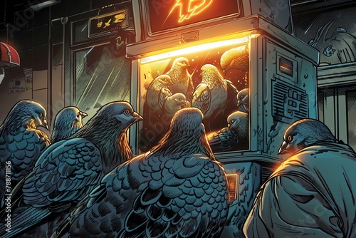 A group of pigeons are huddled around a Bitcoin ATM, each taking turns pecking at the screen to withdraw funds