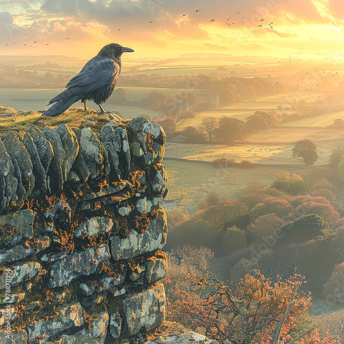 A crow is perched on a rock overlooking a valley. The sky is cloudy and the sun is setting, creating a moody atmosphere