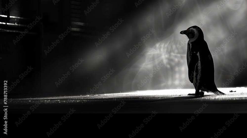 Fototapeta premium Penguin stands in a dark room Light streams through window behind
