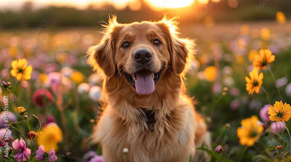 A dog is sitting in a field of flowers, looking at the camera with a big smile on its face