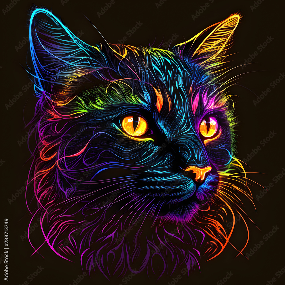 Bombay cat kitty kitten in abstract, graphic highlighters lines rainbow ultra-bright neon artistic portrait, commercial, editorial advertisement, surrealism. Isolated on dark background	