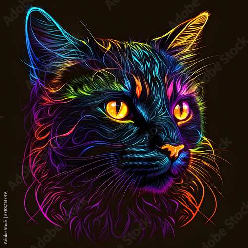 Bombay cat kitty kitten in abstract, graphic highlighters lines rainbow ultra-bright neon artistic portrait, commercial, editorial advertisement, surrealism. Isolated on dark background 