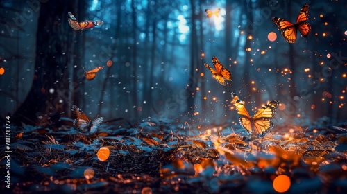 Fluttering fireflies and butterflies fly in the night fantasy enchanted forest. Fairy tale concept., generative ai 
