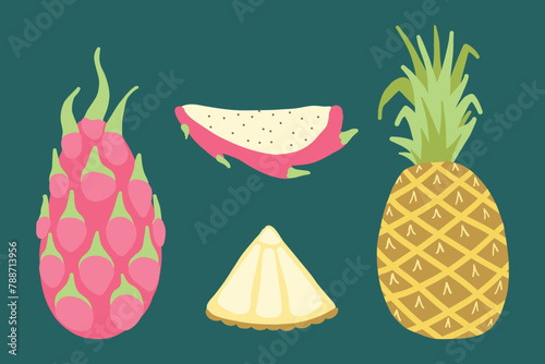 Illustration of tropical fruits including pineapple, dragon fruit, pitaya slice, and lime slice. Vibrant, colorful, and fresh, perfect for themes of healthy eating, summer, and exotic foods.