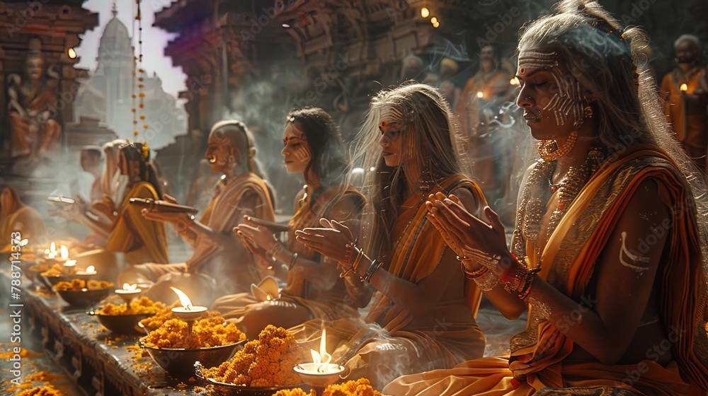 With reverence and devotion, worshippers gather at the temple to honor the gods, their voices r