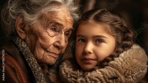 Grandmother and granddaughter share family secrets, tell rumors and legends of their kind. Concept: family tree, genes, dna. Retro style vintage, Generated by AI