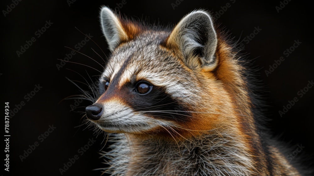   A tight shot of a raccoon's face against a black backdrop, the surroundings softly blurred