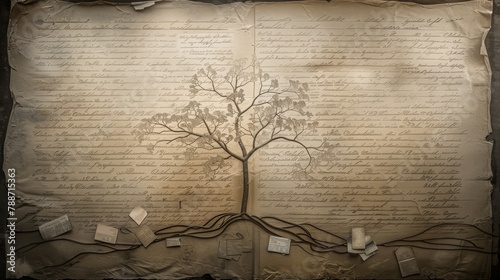 Family tree concept, dna, genes, ancestors. Old vintage background from a lot of letters and documents. AI generated