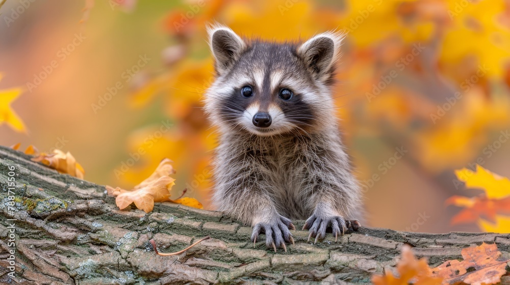 Fototapeta premium A raccoon sits on a tree branch, surrounded by falling autumn leaves, gazing at the camera