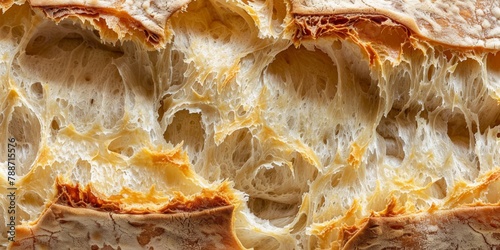 Macro texture shot of freshly baked bread crust. Culinary and baking concept. photo