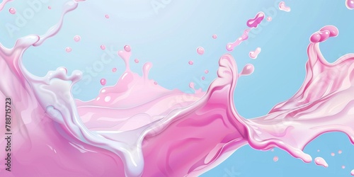 Dynamic pink and white milk splash against a blue sky backdrop. Digital illustration with a smooth gradient finish. Abstract liquid motion concept.