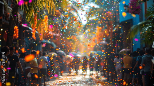 Group of People Walking Down Street Under Umbrellas photo