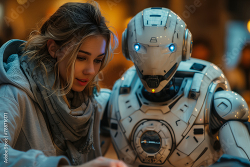 Woman interacting with a humanoid robot photo