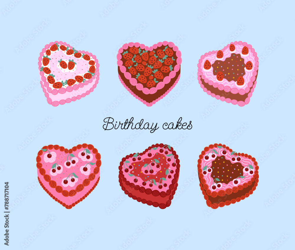 Fototapeta premium Set of heart shaped cakes with strawberries and cherries. Vector flat illustration of holiday birthday cakes