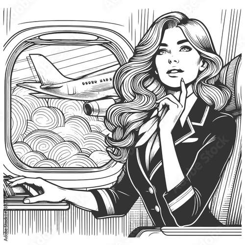 Woman flight attendant on an airplane sketch engraving generative ai fictional character vector illustration. Scratch board imitation. Black and white image.