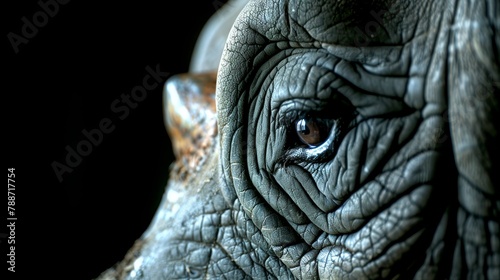  A tight shot of an elephant's face with its trunk curled to the side