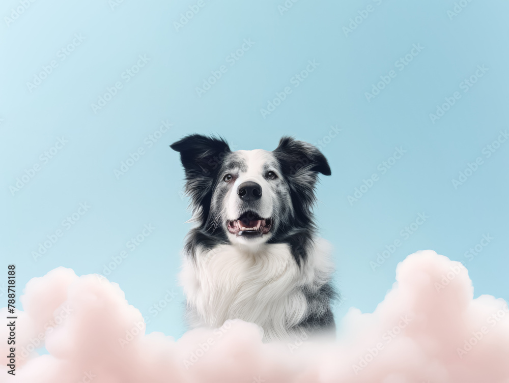 A dog with a black and white coat is staring at the camera. The sky behind the dog is cloudy, giving the image a moody and somewhat somber feel