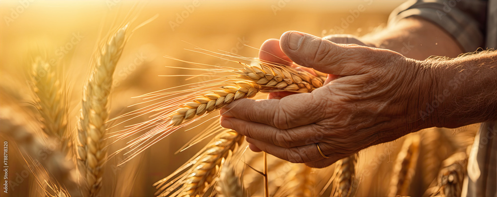 Naklejka premium Elderly hands holding wheat in field