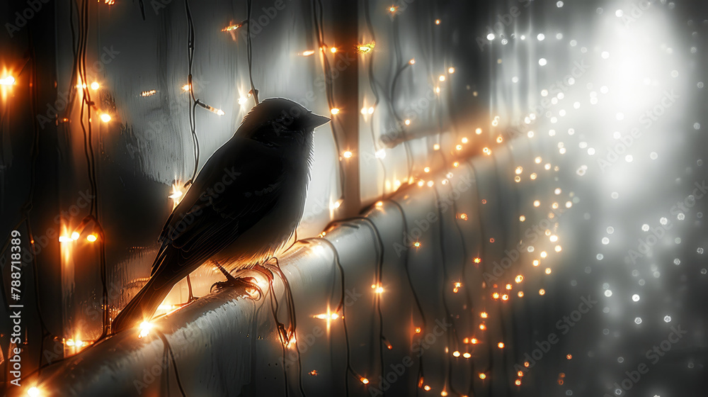 Naklejka premium A black bird perched on a branch with lights behind and above its head