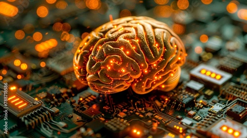 Circuit board with a glowing golden brain on top of it.
