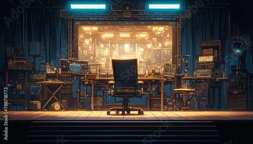 A director's chair in the foreground, illuminated by dramatic stage lighting. In front of it is an empty wooden set