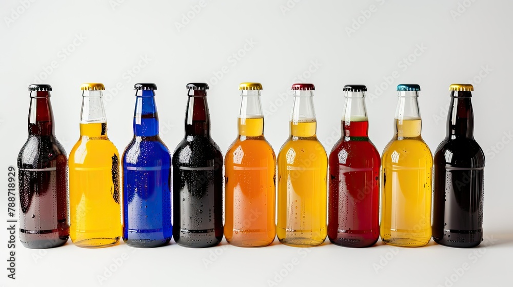 An assortment of diverse beer bottles each unlabeled and displaying a range of vibrant colors is set against a crisp white backdrop to highlight their unique variety An assortment of diverse beer bottles each unlabeled and displaying a range of vibrant colors is set against a crisp white backdrop to highlight their unique variety