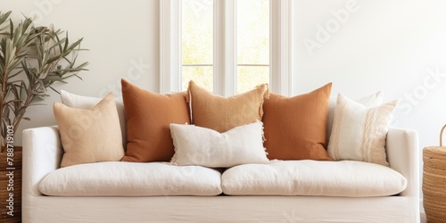 elegant sofa with white and terra cotta pillows infront of a glass window photo