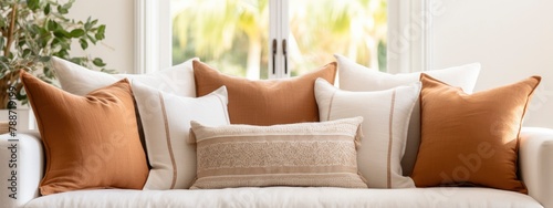 elegant sofa with white and terra cotta pillows infront of a glass window photo